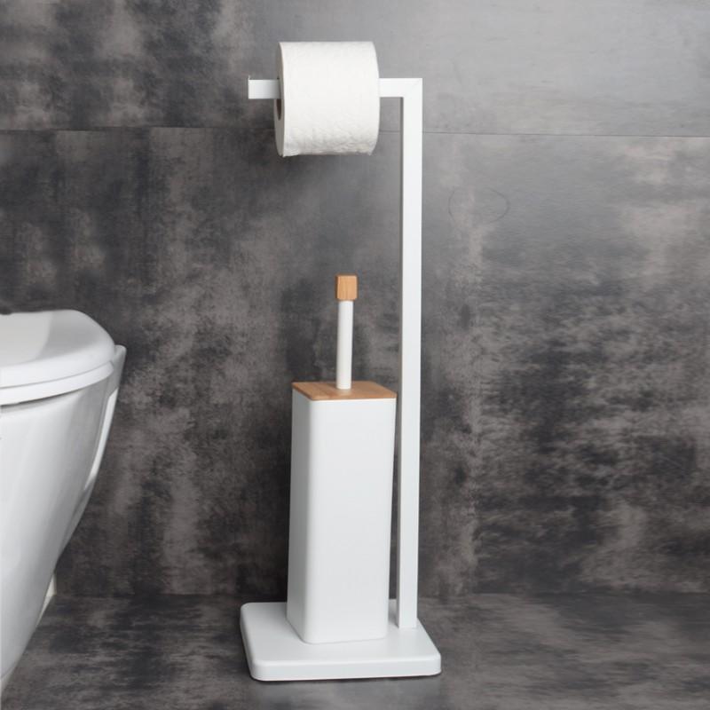 Szczotka WC stojak na papier toaletowy bambus biel - Yoka