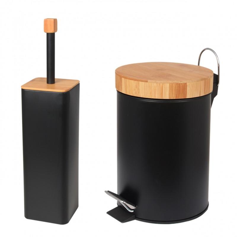 Zestaw łazienkowy bambusowy kosz na śmieci - szczotka do wc - czarny - Yoka