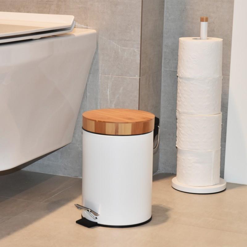 Zestaw łazienkowy do WC kosz na śmieci 3L i stojak na papier - biały bambus - Yoka