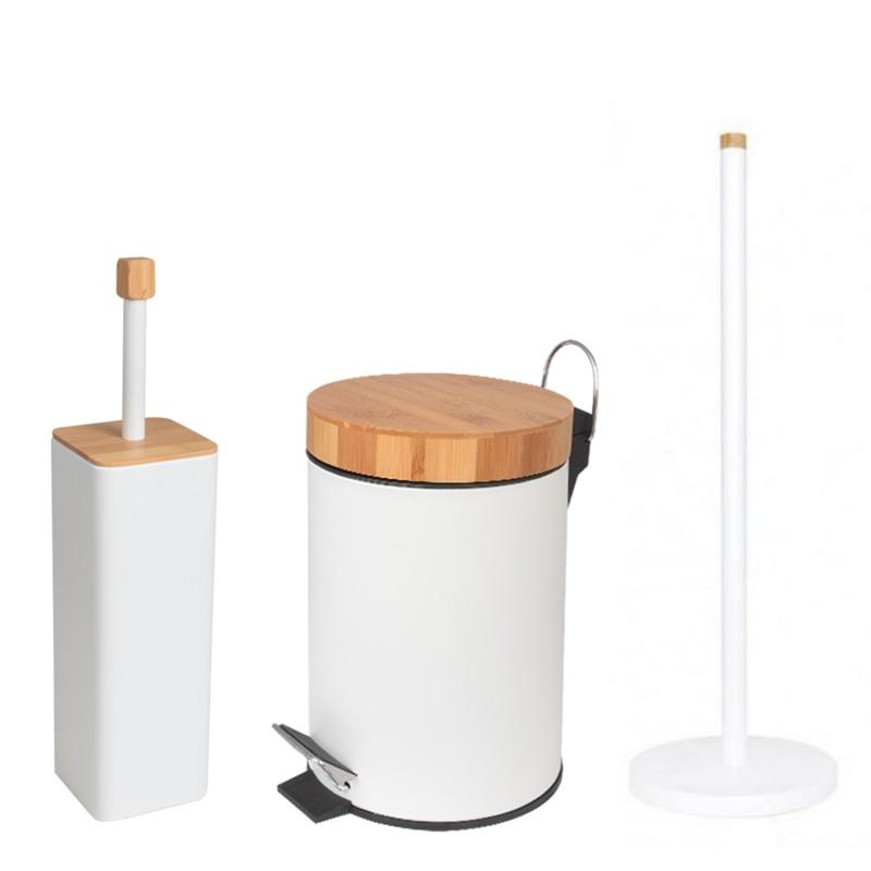 Zestaw łazienkowy 3-elementy - kosz na śmieci, szczotka do WC i stojak na papier - biały bambus - Yoka
