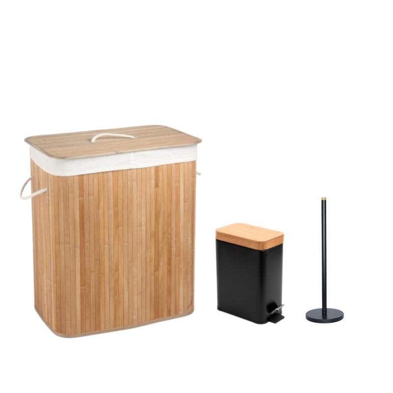 Zestaw łazienkowy 3-elementowy - kosz na śmieci, kosz na pranie i stojak na papier - czarny bambus - Yoka