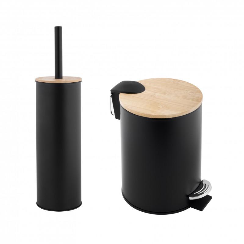 Zestaw łazienkowy kosz na śmieci i szczotka do wc czarna bambus - Yoka