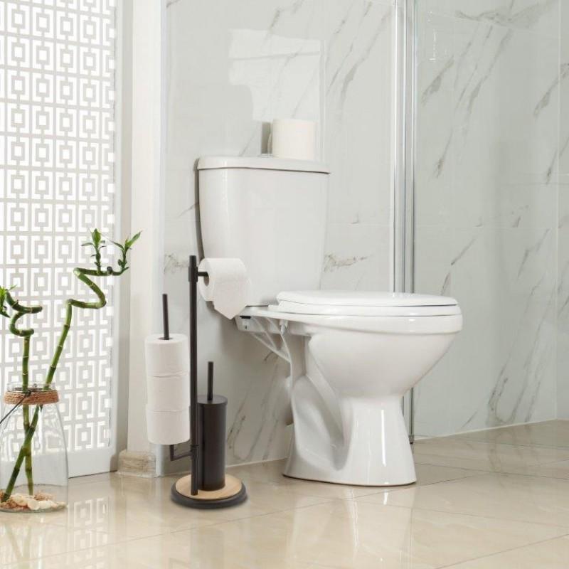 Stojak na papier toaletowy i szczotkę WC  3w1 czarny z bambusem - Yoka