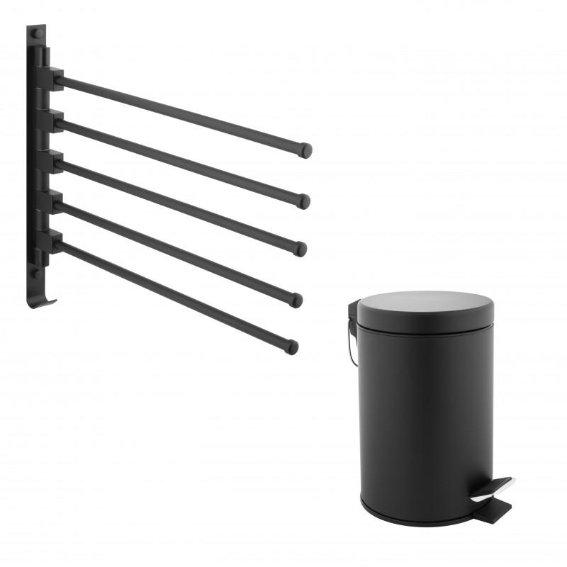 Zestaw akcesoria łazienkowe wieszak na ręczniki i kosz na śmieci czarny