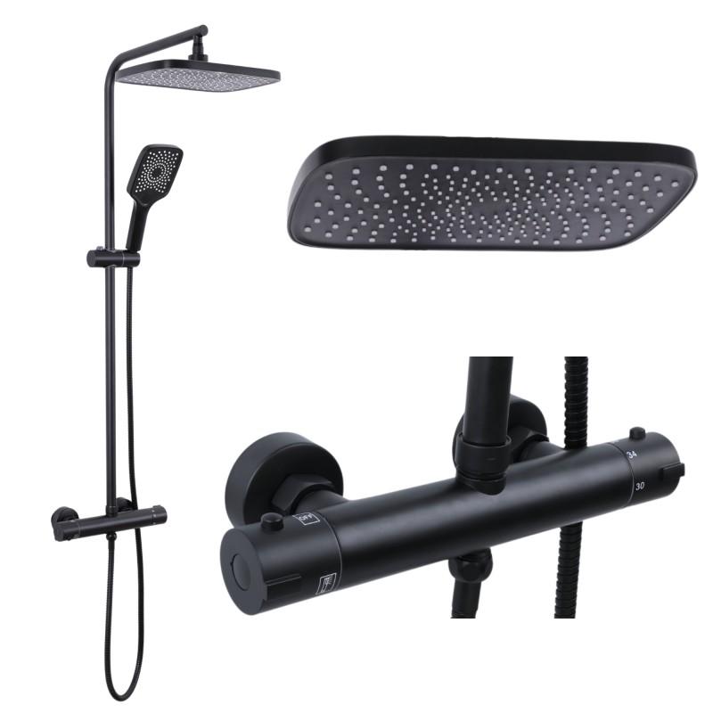 Zestaw prysznicowy bateria termostatyczna deszczownica 20x30 cm i słuchawka 3F czarny mat loft - Yoka