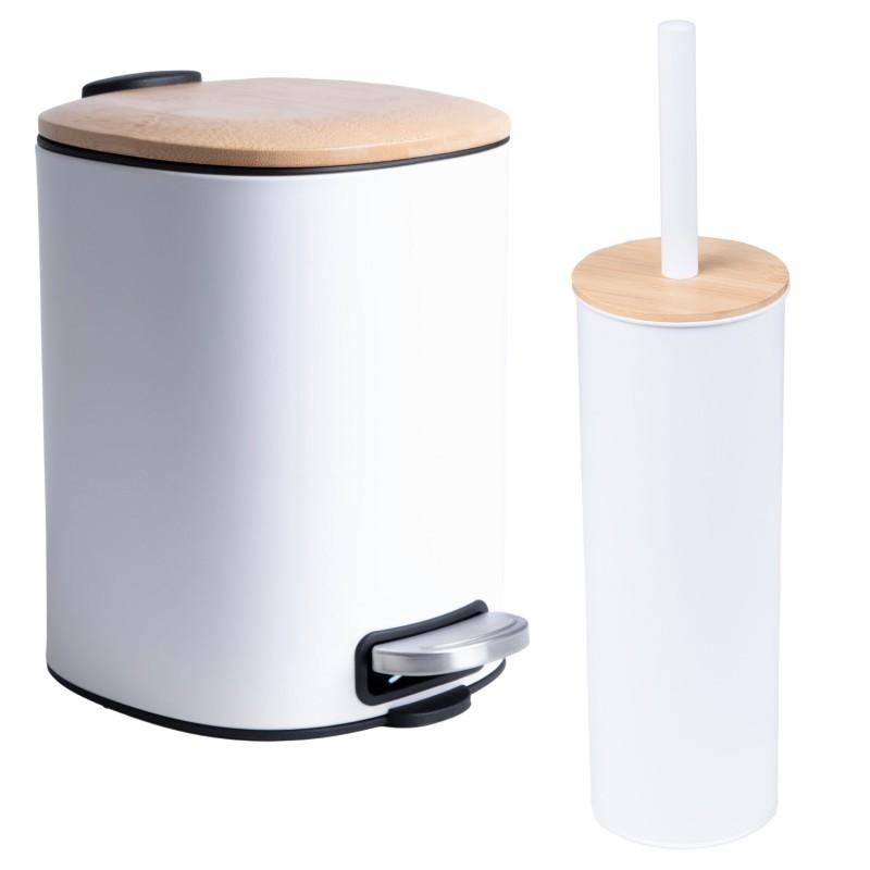 Zestaw Łazienkowy biały bambus Kosz na śmieci 5L SOFT CLOSE i Szczotka do WC