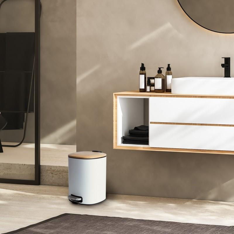Zestaw Łazienkowy biały bambus Kosz na śmieci 5L SOFT CLOSE i Szczotka do WC