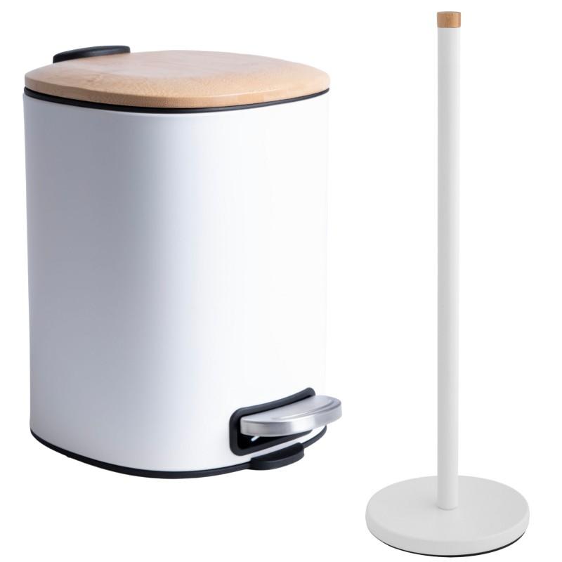 Zestaw do WC Kosz na śmieci 5L i stojak na papier toaletowy Biały Bambus - Yoka