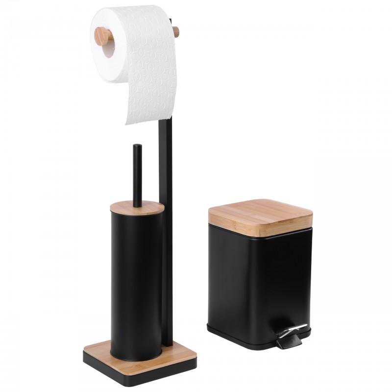 Zestaw Akcesoriów do Łazienki Kosz na śmieci Stojak na szczotkę i papier toaletowy, czarny bambus - Yoka