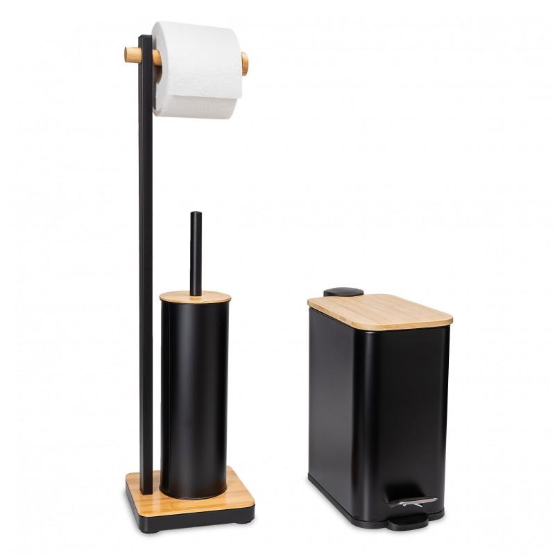 Zestaw Łazienkowy Kosz na śmieci i Stojak na szczotkę do WC z uchwytem na papier toaletowy czarny - Yoka Home