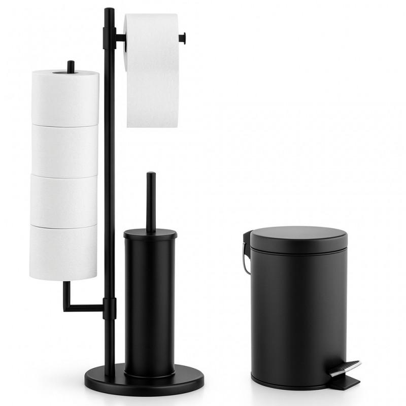 Zestaw łazienkowy czarny Stojak 3w1 Uchwyt na papier toaletowy Szczotka do WC Kosz na śmieci 3L - Yoka Home
