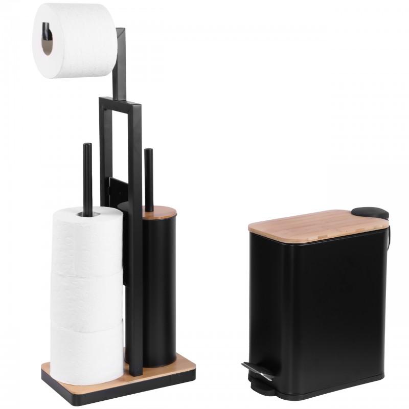 Zestaw łazienkowy Stojak 3w1 na papier i szczotkę WC Kosz na śmieci 5L Czarny / bambus