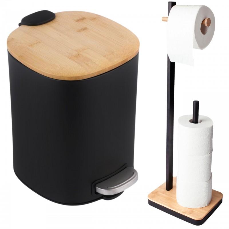 Zestaw Łazienkowy  – Kosz 5L + Stojak na Papier z Uchwytami Yoka Home Black