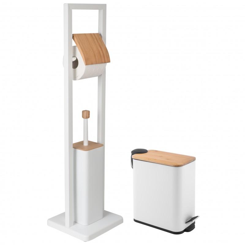 Zestaw Łazienkowy Biały z Bambusem: Kosz na śmieci 5L i Stojak uchwyt na Papier toaletowy Szczotka do WC - Yoka