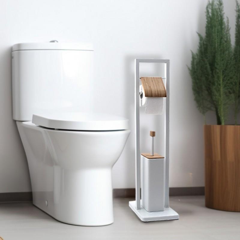 Zestaw Łazienkowy Biały Mat z Bambusem: Stojak Uchwyt na Papier toaletowy Szczotka do WC Kosz na śmieci 5L SOFT CLOSE