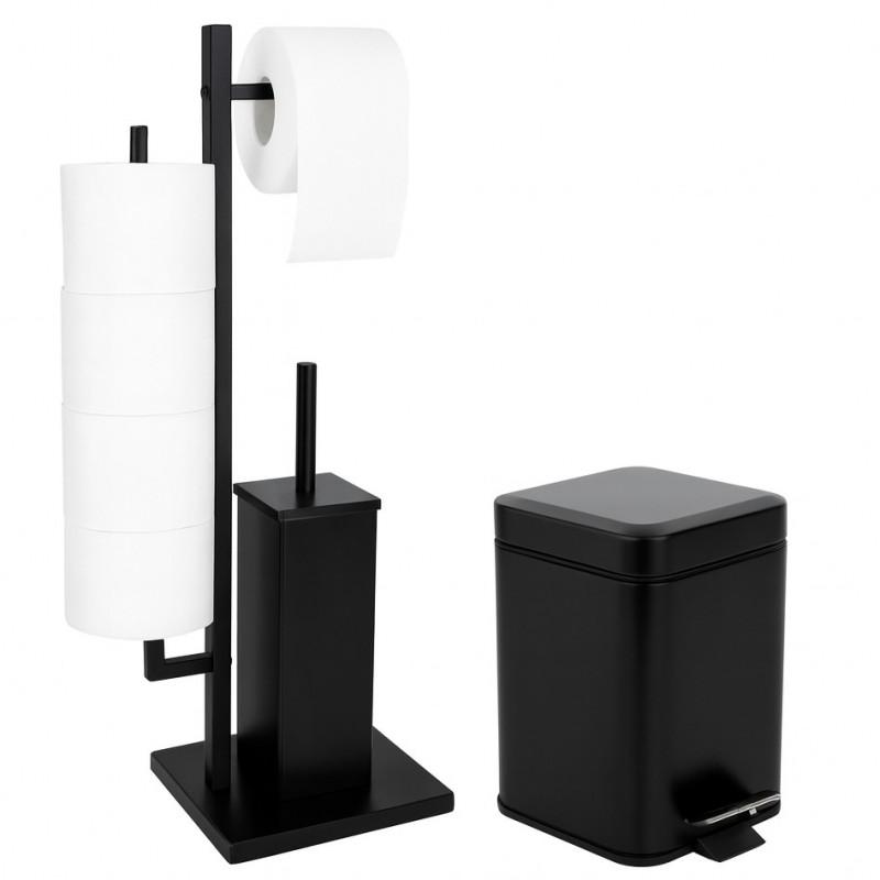 Zestaw łazienkowy czarny Stojak 3w1 Uchwyt na papier toaletowy Szczotka do WC Kosz na śmieci 3L - Yoka Home