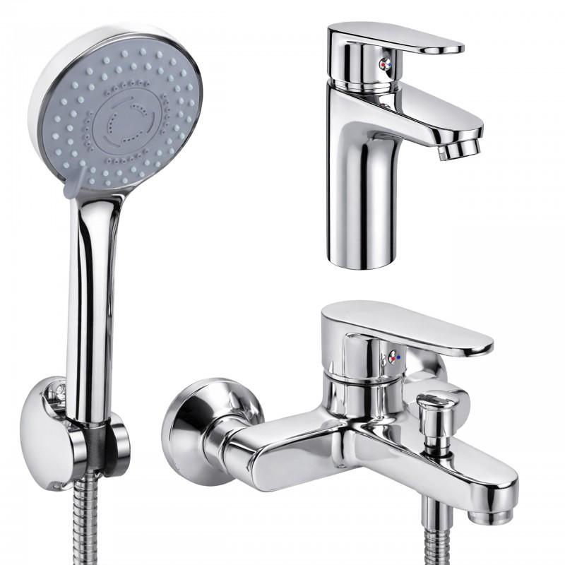 Zestaw baterii łazienkowych umywalkowa wannowo prysznicowa chrom - Yoka