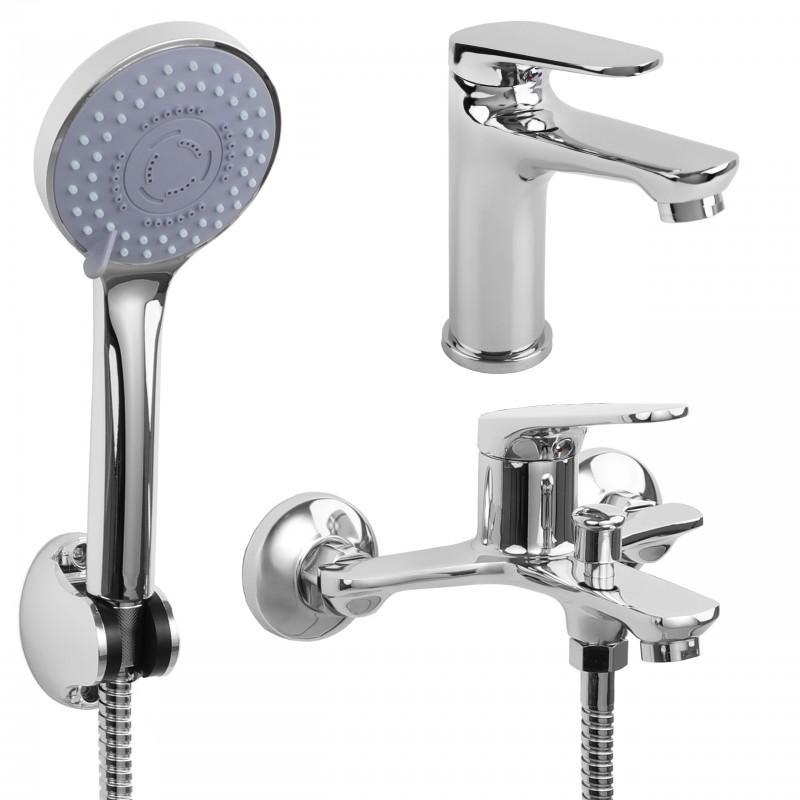 Zestaw baterii łazienkowych umywalkowa wannowo prysznicowa chrom - Yoka 