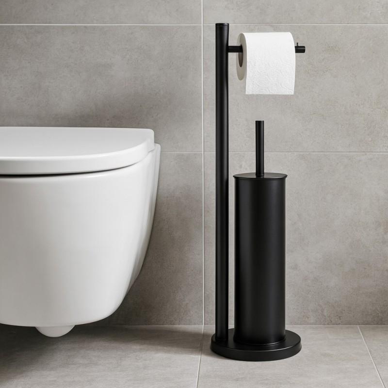 Stojak na papier toaletowy czarny i szczotka do WC czarna - Yoka