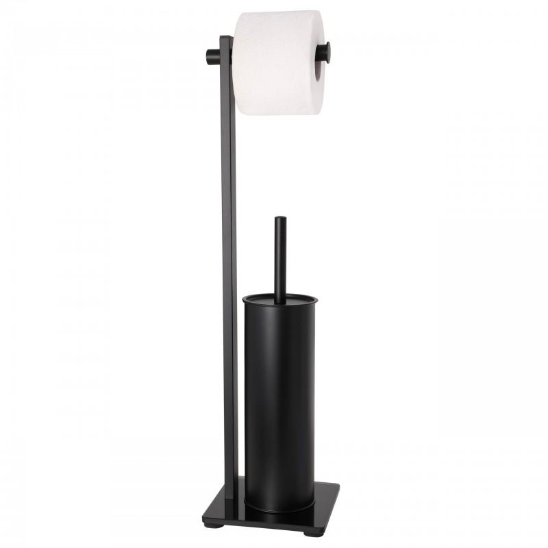 Wolnostojący czarny stojak na szczotkę WC z uchwytem na papier toaletowy 2w1 - Yoka