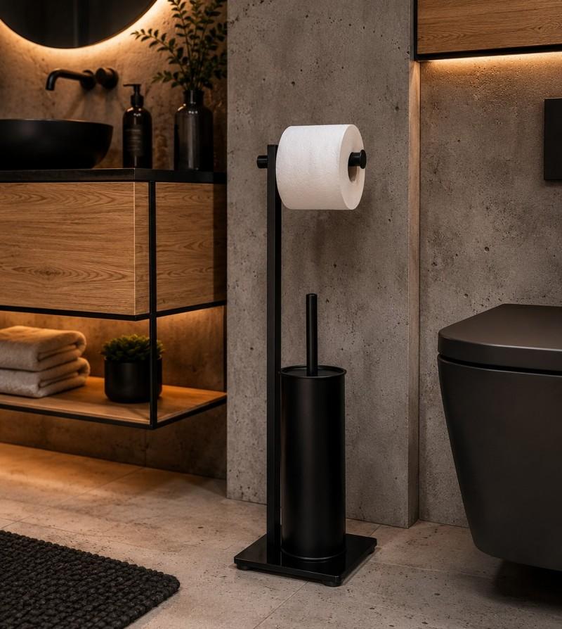 Stojak na papier toaletowy i szczotkę WC czarny mat wolnostojący 2w1 Yoka Home