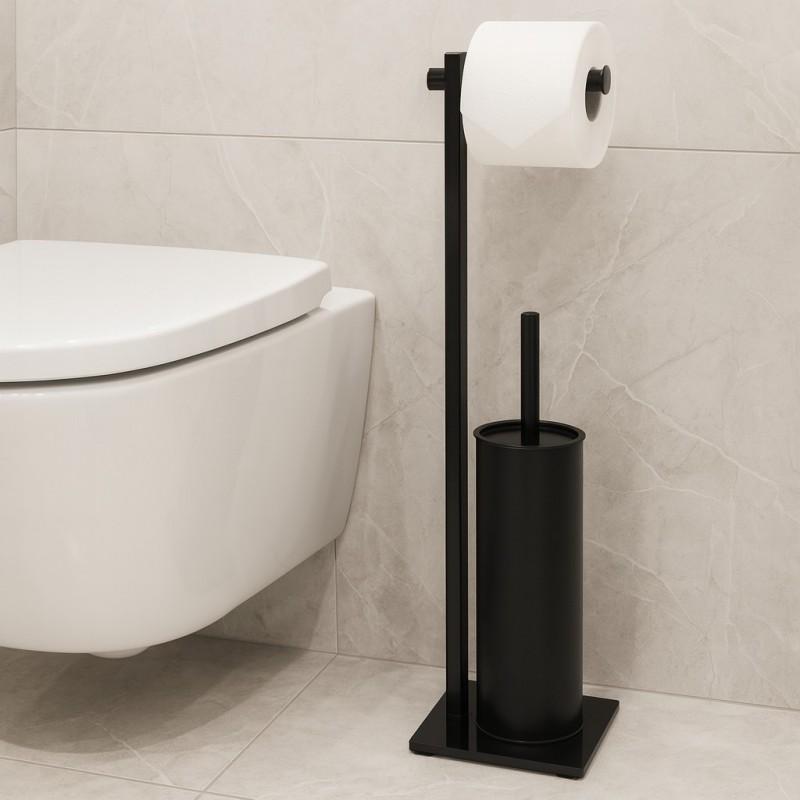 Wolnostojący czarny stojak na szczotkę WC z uchwytem na papier toaletowy 2w1 - Yoka