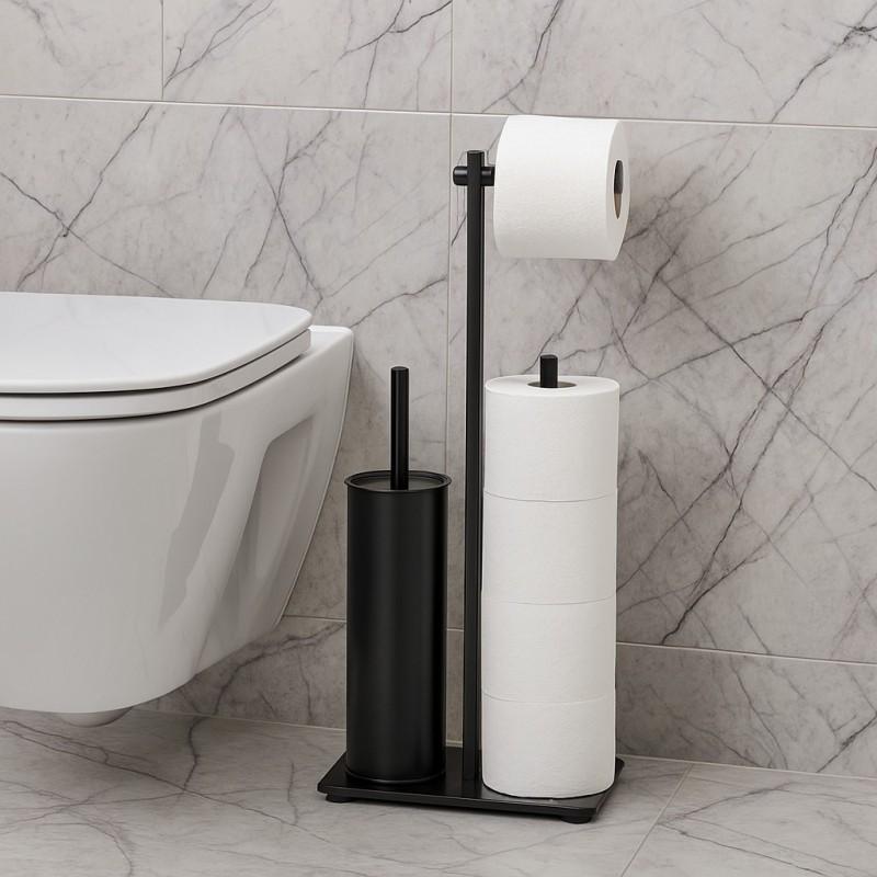 Wolnostojący czarny stojak na szczotkę WC z uchwytem na papier toaletowy 3w1 - Yoka