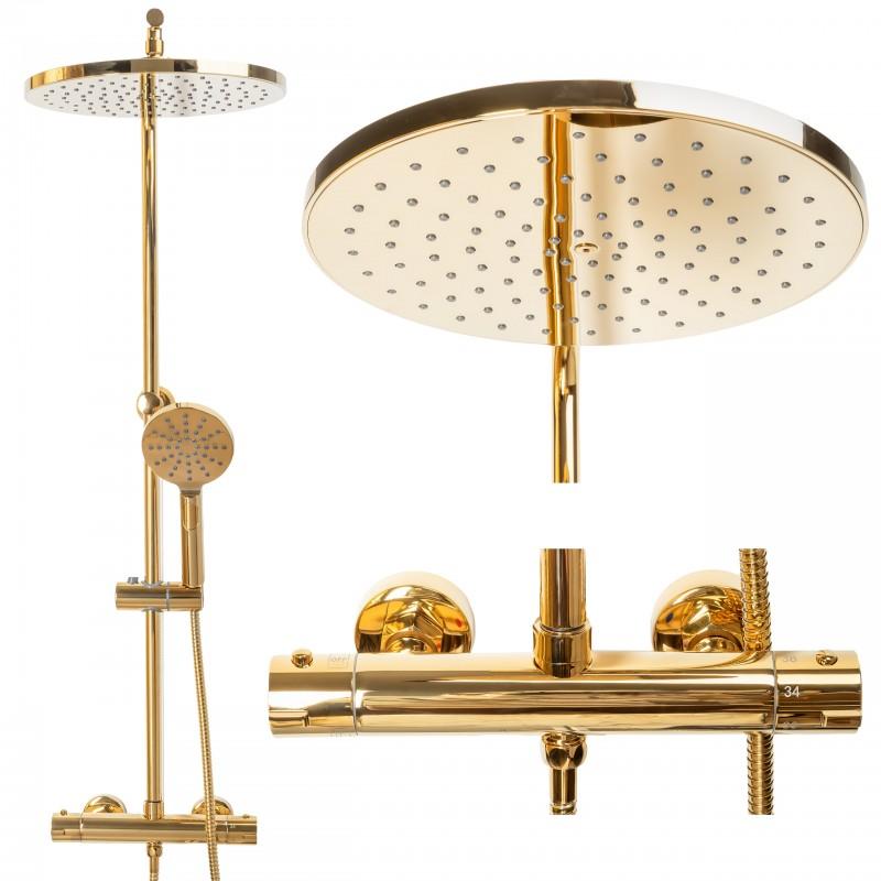 Bateria prysznicowa termostatyczna z deszczownicą 30 cm, kolumna prysznicowa złota - Yoka