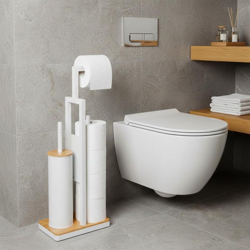 Stojak na papier toaletowy i szczotkę WC 3w1 biały bambus Yoka Home