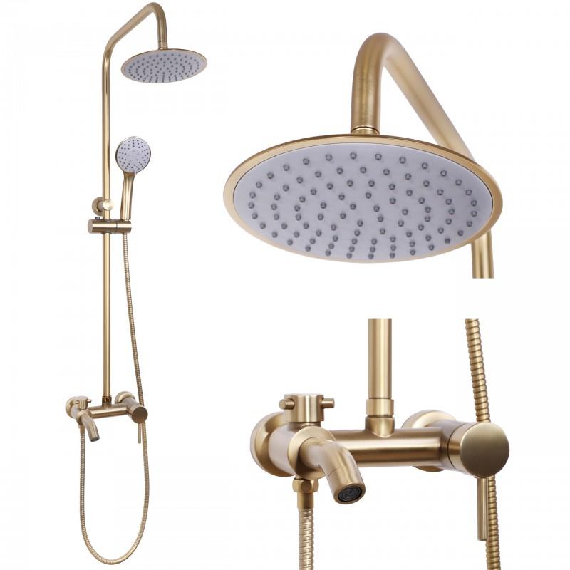 Bateria prysznicowa z deszczownicą natynkowy z wylewką panel prysznicowy złoto szczotkowane - Yoka