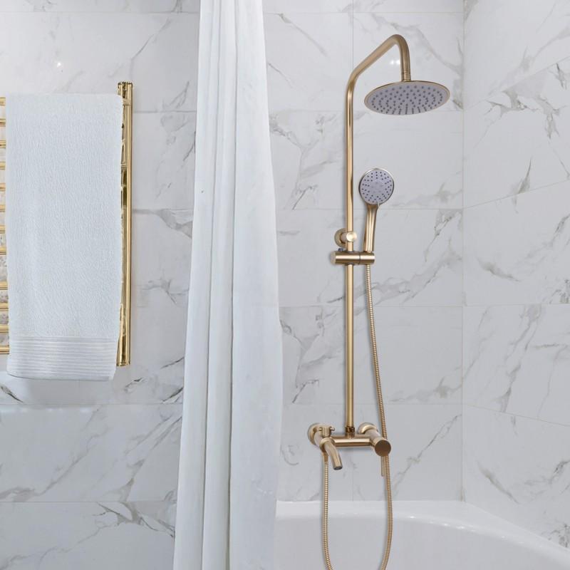 Bateria prysznicowa z deszczownicą natynkowy z wylewką panel prysznicowy złoto szczotkowane - Yoka