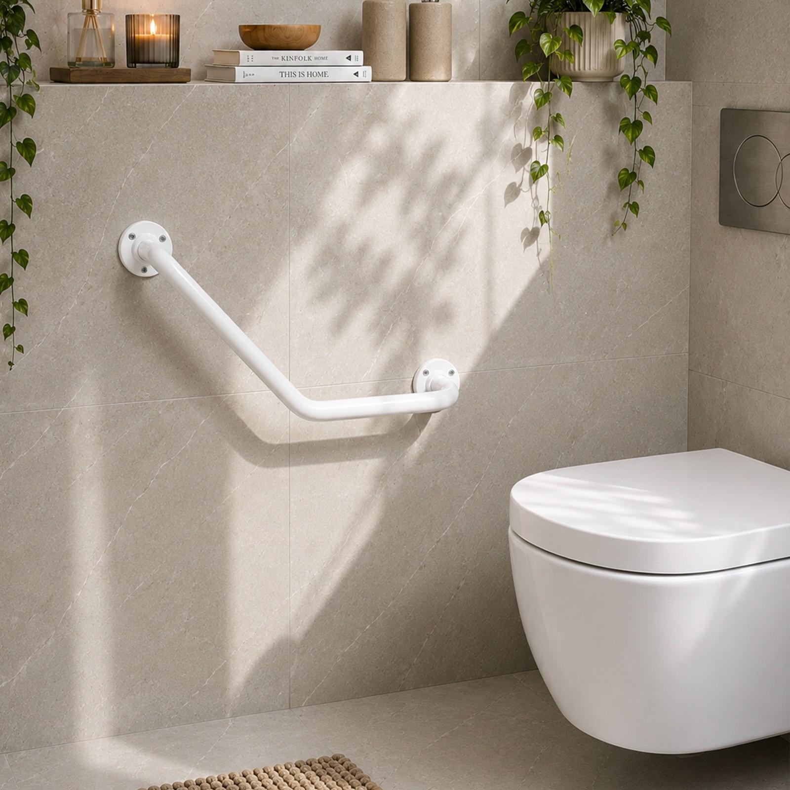 Poręcz do łazienki kątowa biała przy wannie prysznicu i toalecie dla seniora ścienna Yoka Home 