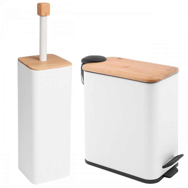 Zestaw łazienkowy kosz 5l wolny opad i szczotka do WC biały mat bambus - Yoka Home