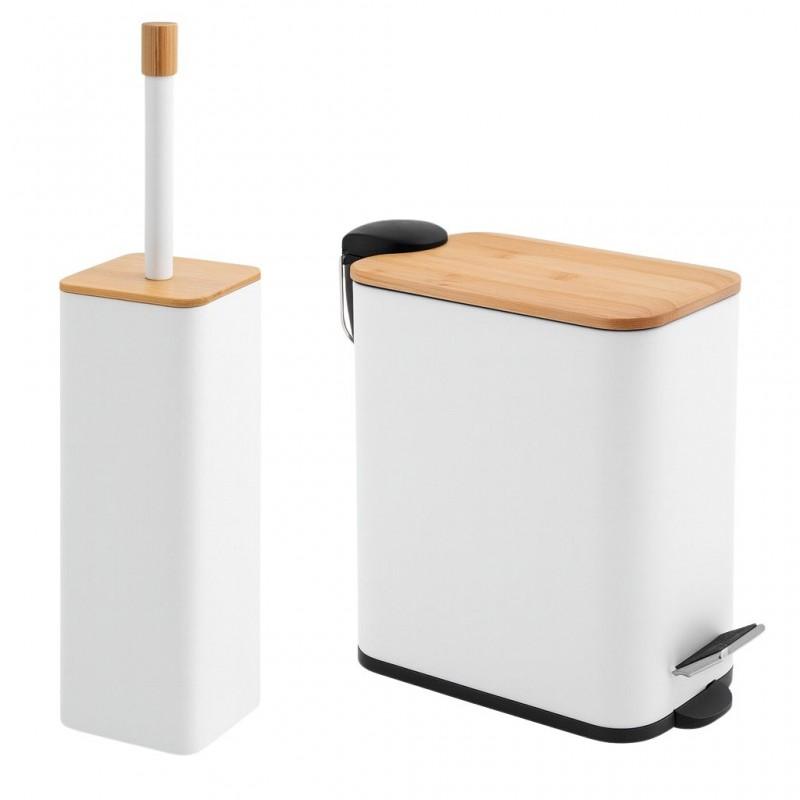 Zestaw łazienkowy biały bambus kosz na śmieci 5l Soft Close i szczotka do WC - Yoka Home