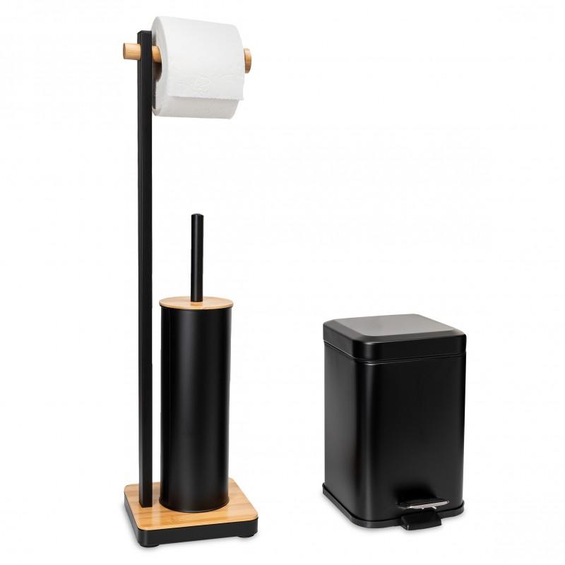 Zestaw łazienkowy czarny z bambusem kosz na śmieci 3L Soft Close i stojak na papier ze szczotką WC - Yoka Home