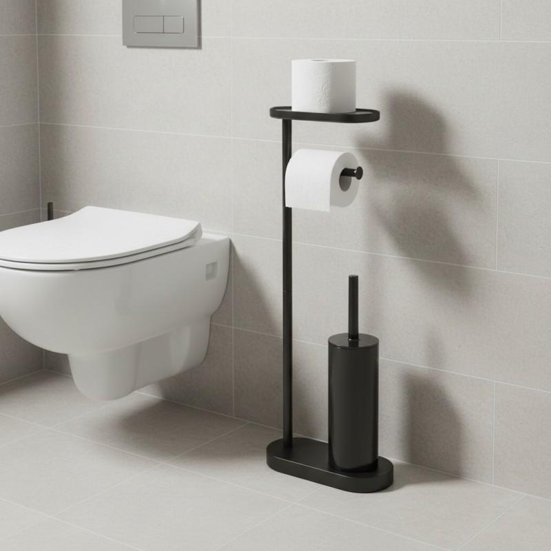 Stojak do łazienki na szczotkę WC z uchwytem na papier toaletowy i półką na telefon czarny - OUTLET 30%